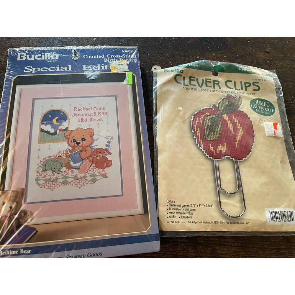 Bucilla Bedtime Bear Birth Record 63609, & Bucilla Clever Clips Crosstitch